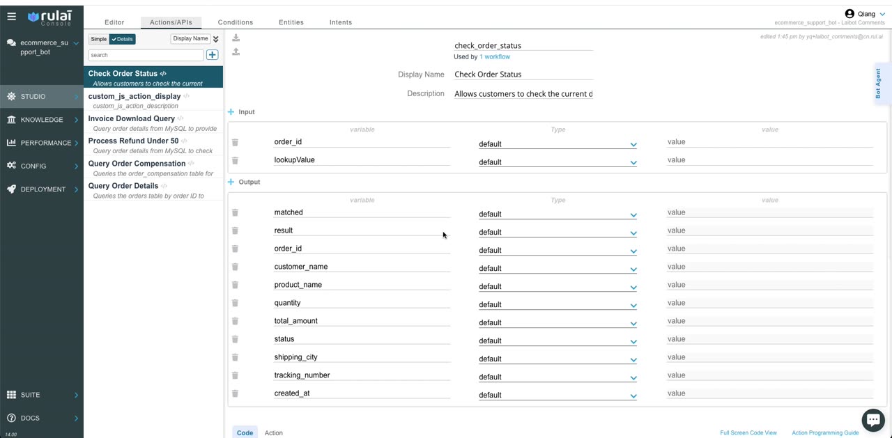 The actions screen listing Check Order Status with its input and output fields.