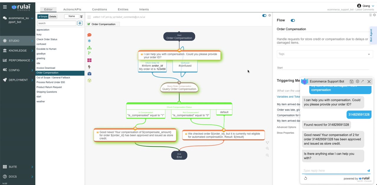 The test chat beside the flow graph: the customer asks for compensation, provides an order ID, and receives an approved store credit.