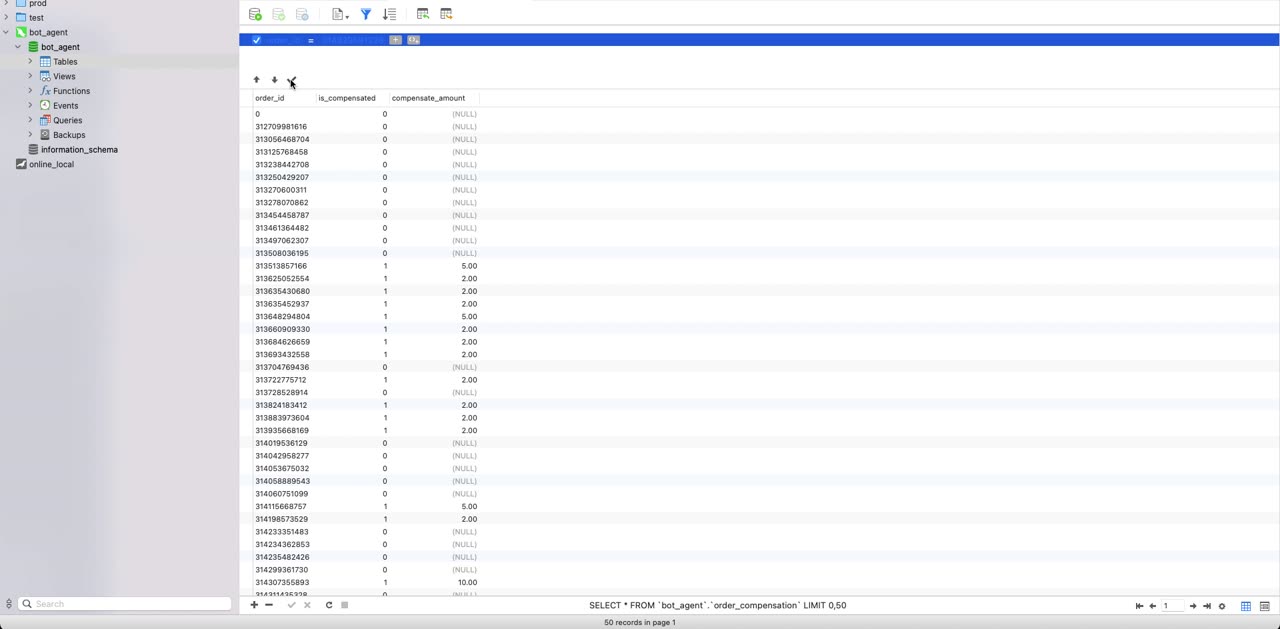 A database client showing the order_compensation table with the new record.